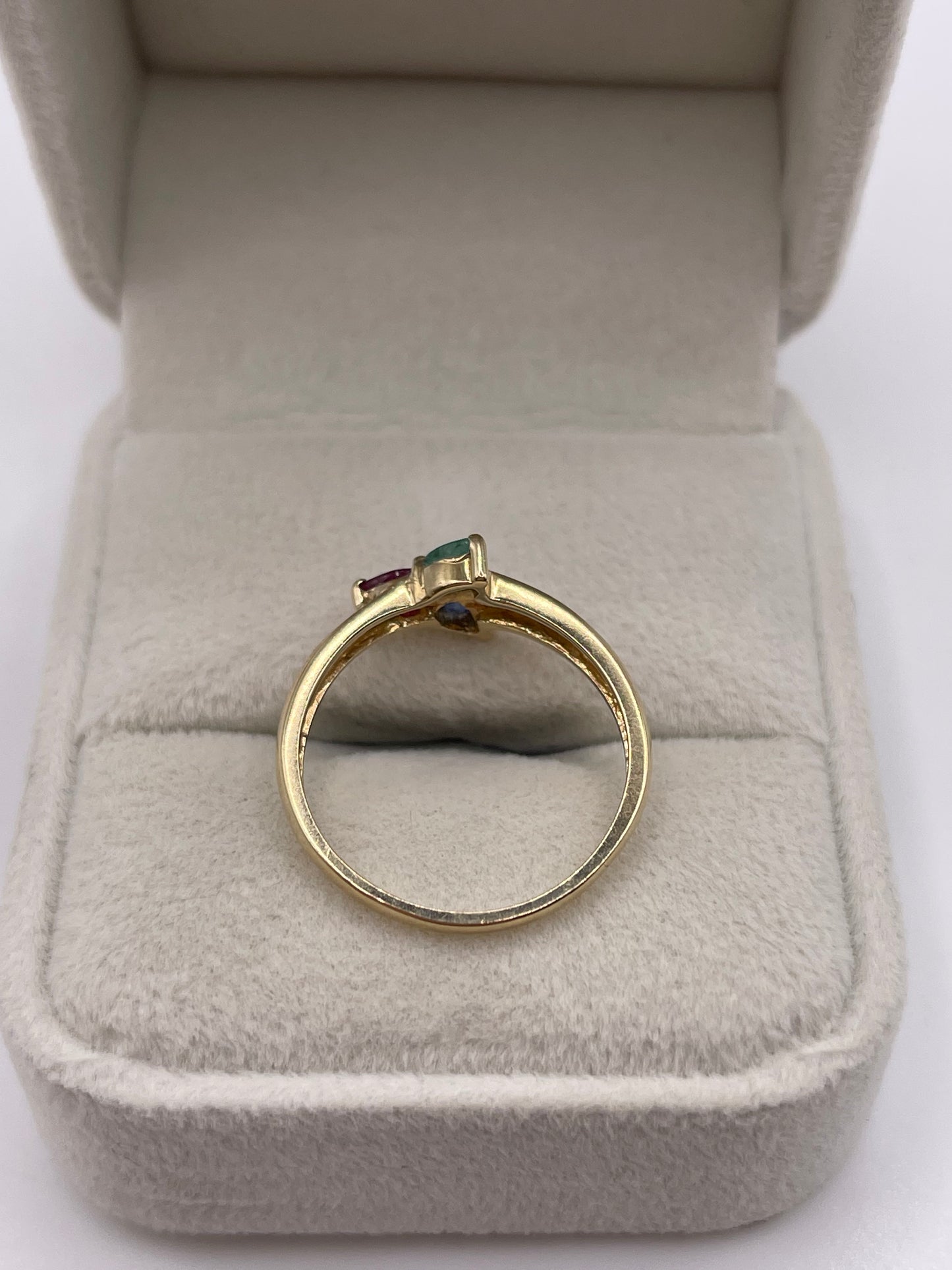 9ct gold ruby, sapphire, emerald and diamond ring