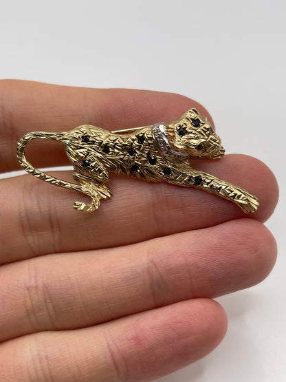 9ct gold ruby, diamond and sapphire panther brooch