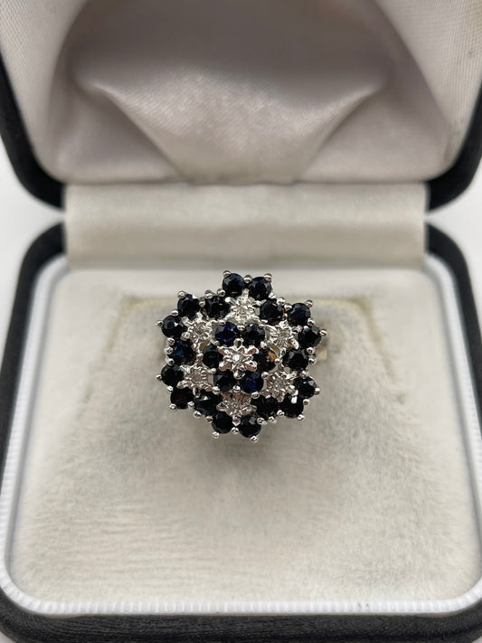 9ct gold sapphire and diamond cluster ring