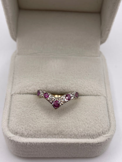 9ct gold ruby and diamond wishbone ring