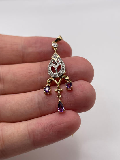 9ct gold amethyst and diamond pendant
