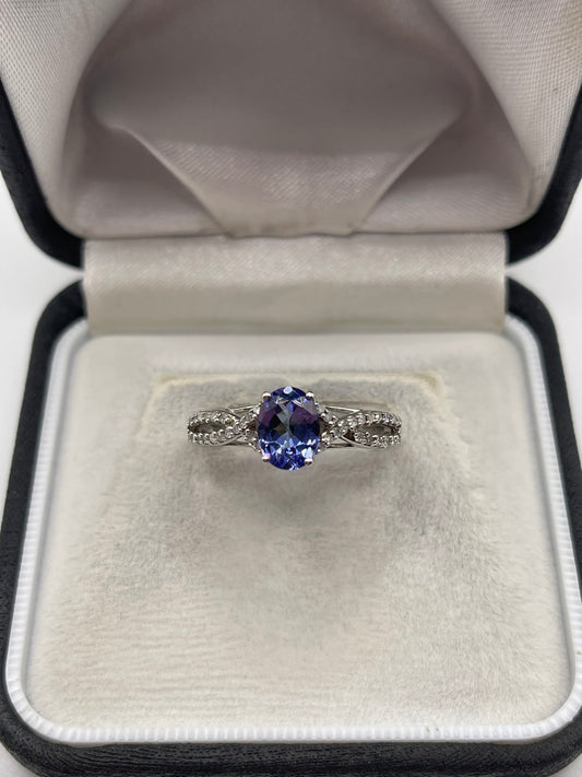 9ct white gold tanzanite and diamond ring