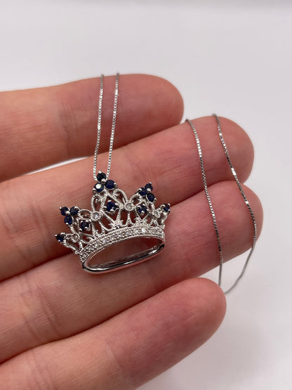 14ct white gold sapphire and diamond crown necklace