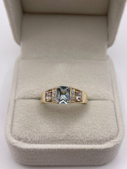 9ct gold aquamarine, kunzite and diamond ring