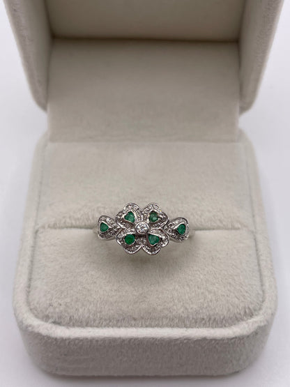 9ct white gold emerald and diamomd clover ring