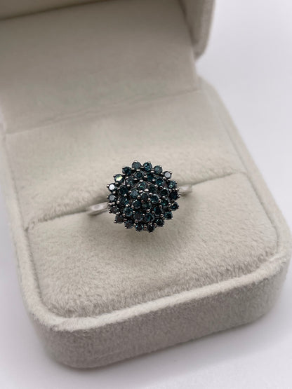 9ct white gold blue diamond cluster ring