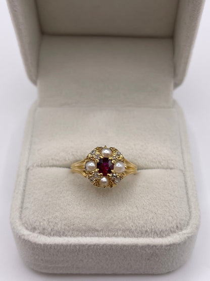 Antique 18ct gold ruby, pearl and diamond ring