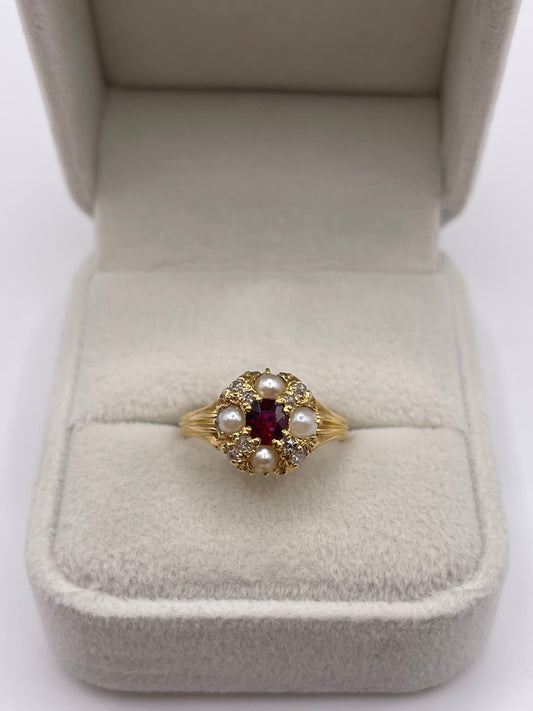Antique 18ct gold ruby, pearl and diamond ring