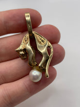 Load image into Gallery viewer, Heavy 9ct gold pearl and cz panther pendant
