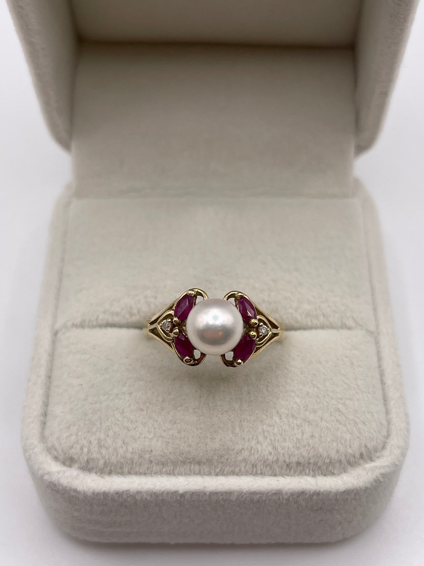 9ct gold pearl, ruby and diamond ring