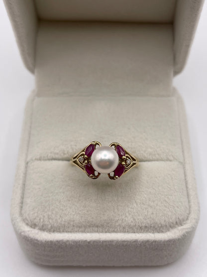 9ct gold pearl, ruby and diamond ring