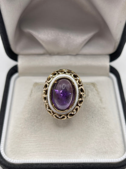 Heavy 9ct gold cabochon amethyst and enamel ring