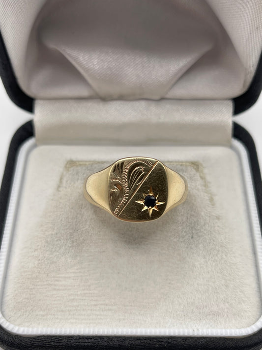Heavy 9ct gold sapphire signet ring