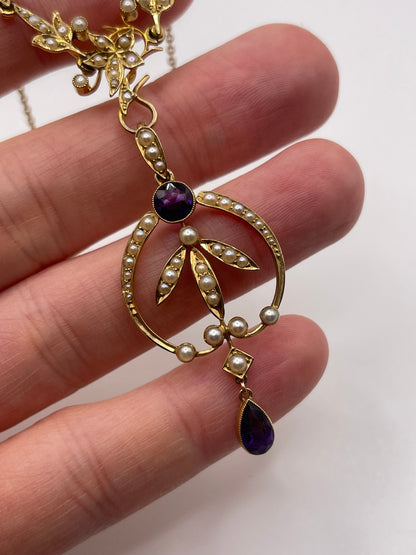 Antique 15ct gold amethyst and pearl necklace
