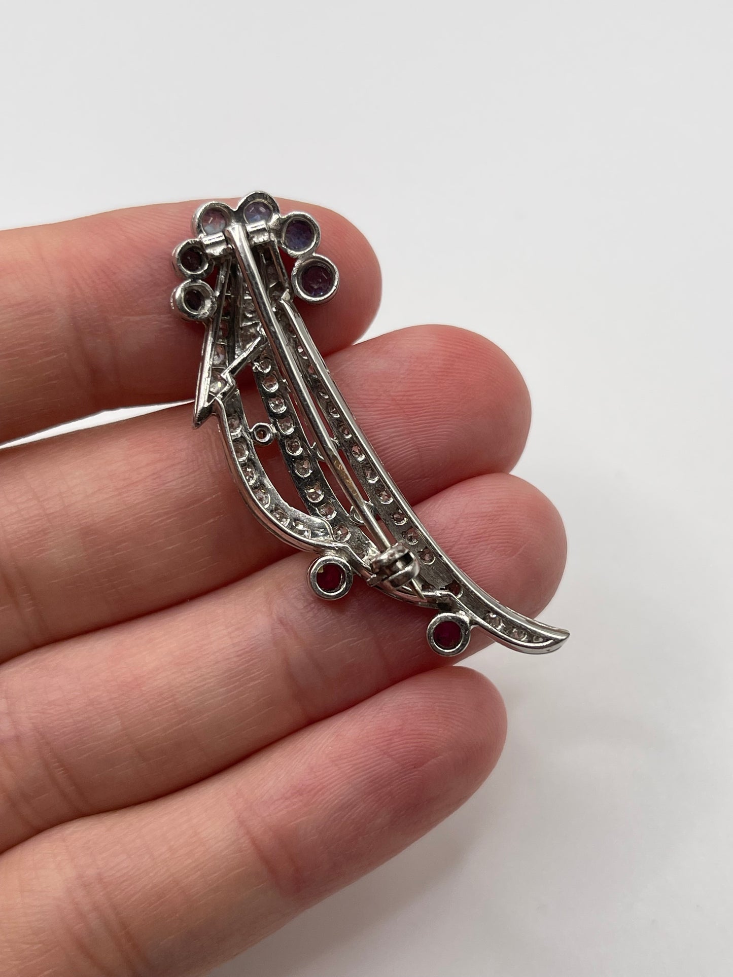 Platinum Ruby, sapphire and diamond brooch