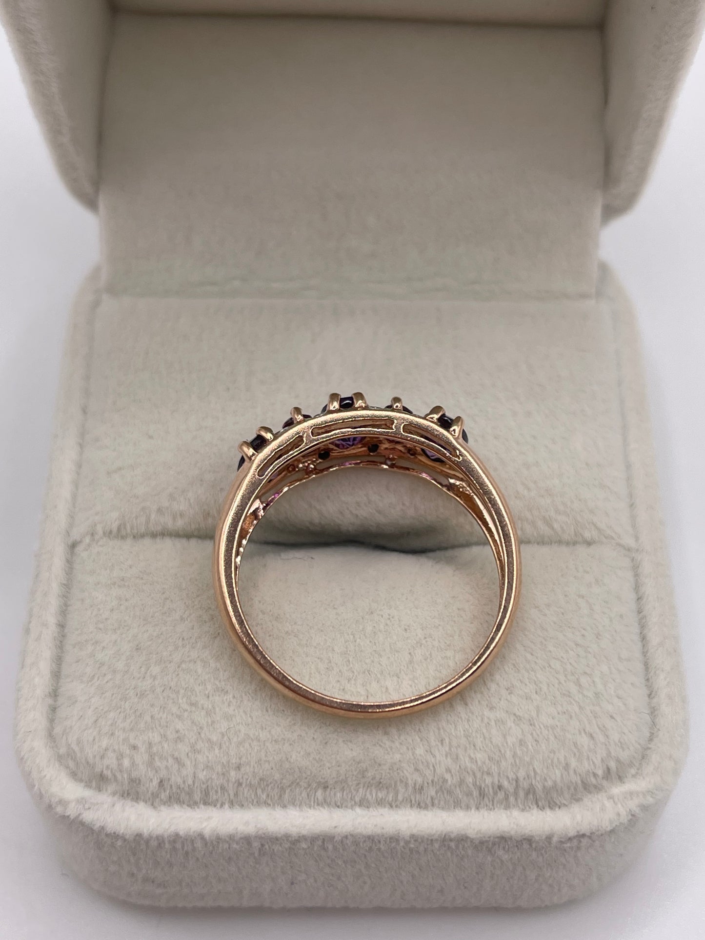 9ct rose gold amethyst, tourmaline and diamond ring