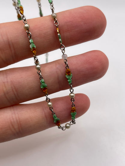 Silver enamel and pearl necklace