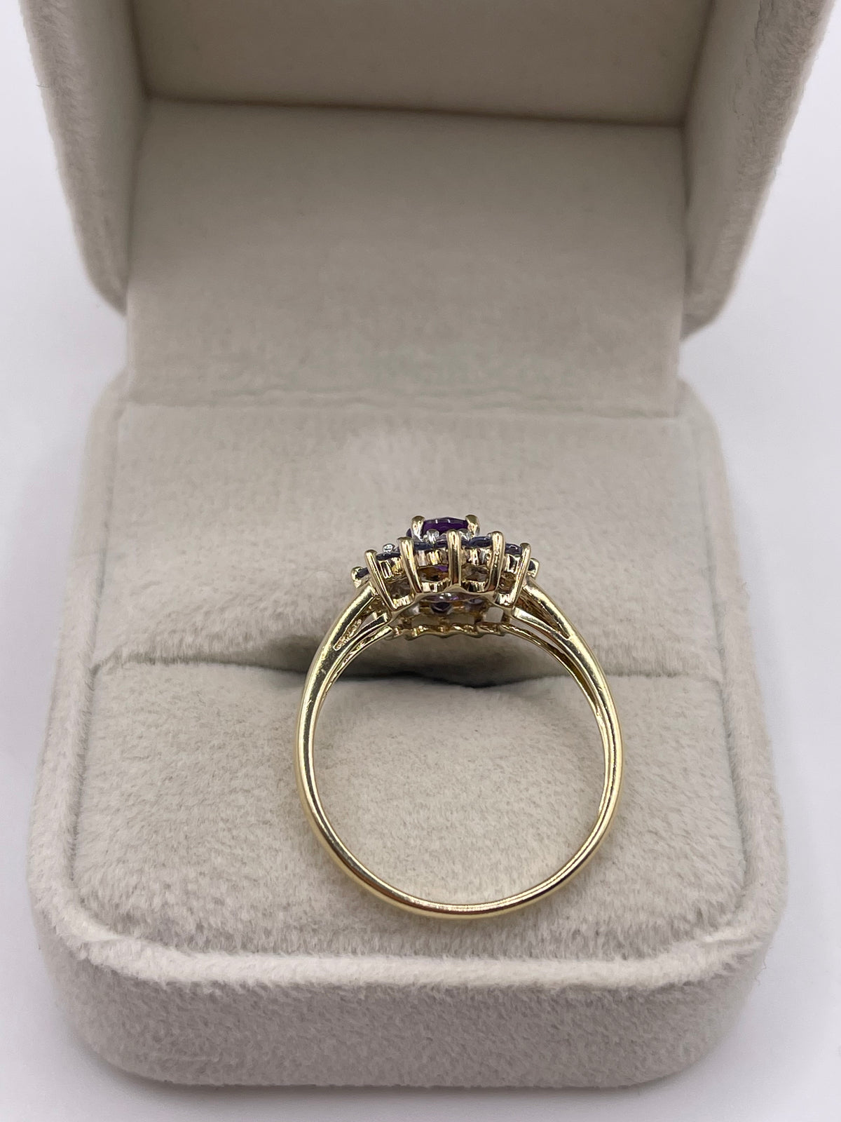 9ct gold amethyst, tanzanite and diamond ring