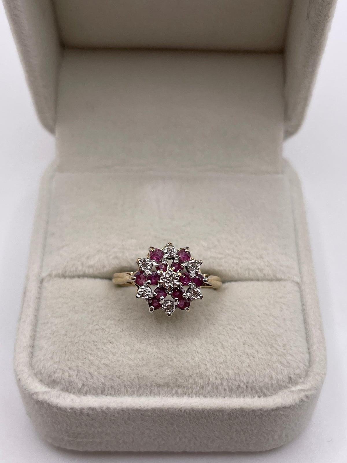 9ct gold ruby and diamond cluster ring