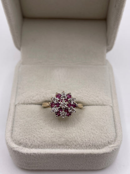 9ct gold ruby and diamond cluster ring