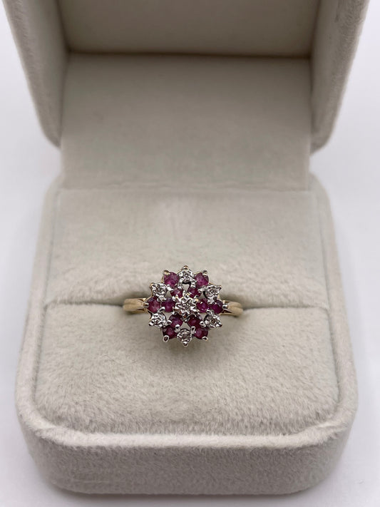 9ct gold ruby and diamond cluster ring