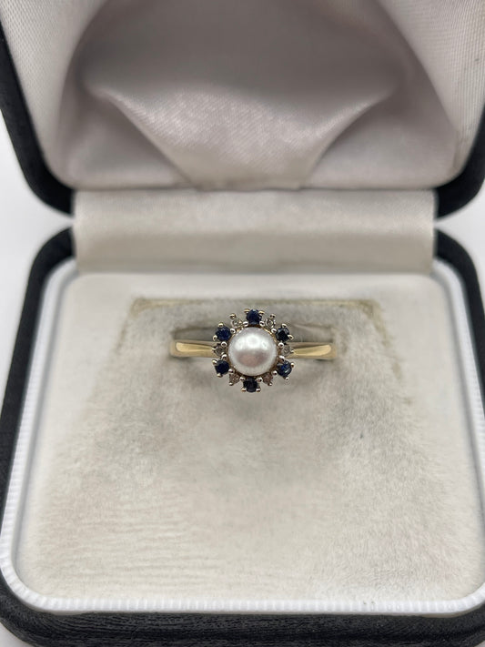 9ct gold pearl, sapphire and diamond ring