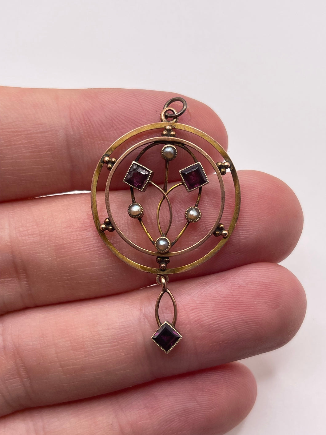 Antique 9ct gold amethyst and pearl pendant