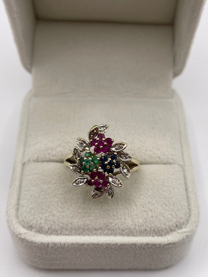 9ct gold ruby, emerald, sapphire and diamond ring