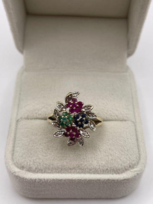 9ct gold ruby, emerald, sapphire and diamond ring