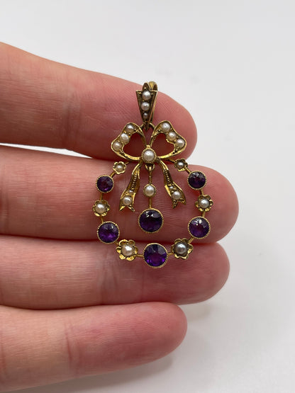 Antique 15ct gold amethyst and pearl pendant