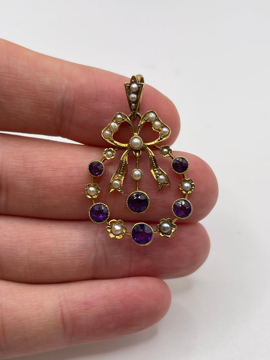 Antique 15ct gold amethyst and pearl pendant