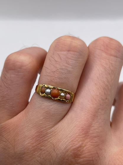 Antique 15ct gold coral and pearl ring