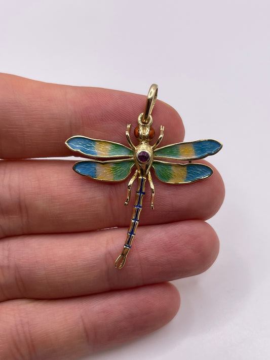 14ct gold ruby and enamel dragonfly pendant
