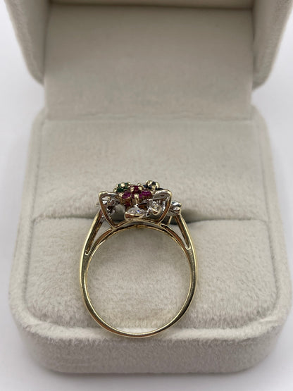 9ct gold ruby, emerald, sapphire and diamond ring