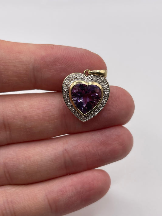 9ct gold amethyst and diamond heart pendant