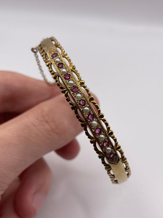 9ct gold ruby and pearl bangle