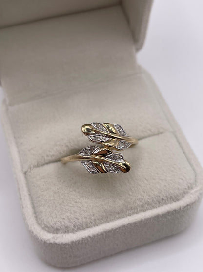 9ct gold diamond leaf ring