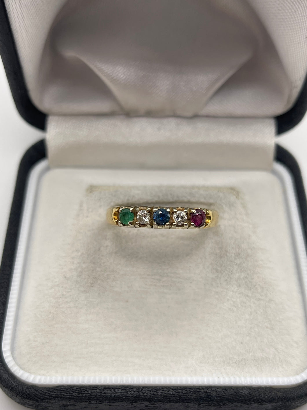 18ct gold ruby, sapphire, emerald and diamond ring