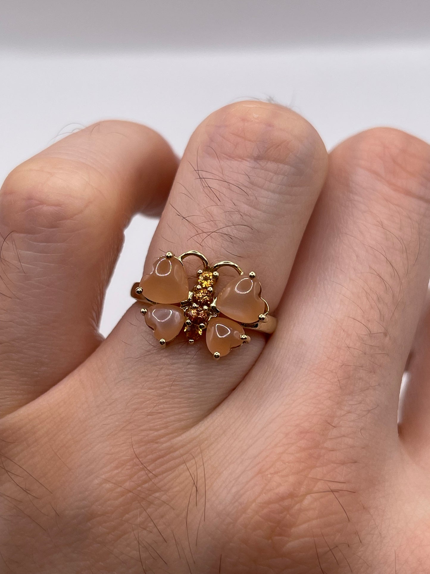 9ct gold peach moonstone and citrine butterfly ring