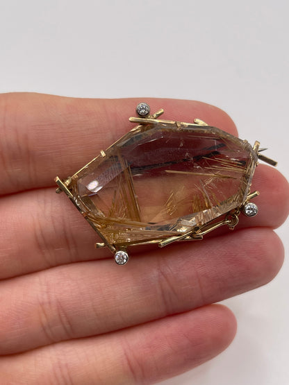 9ct gold rutile quartz and diamond brooch