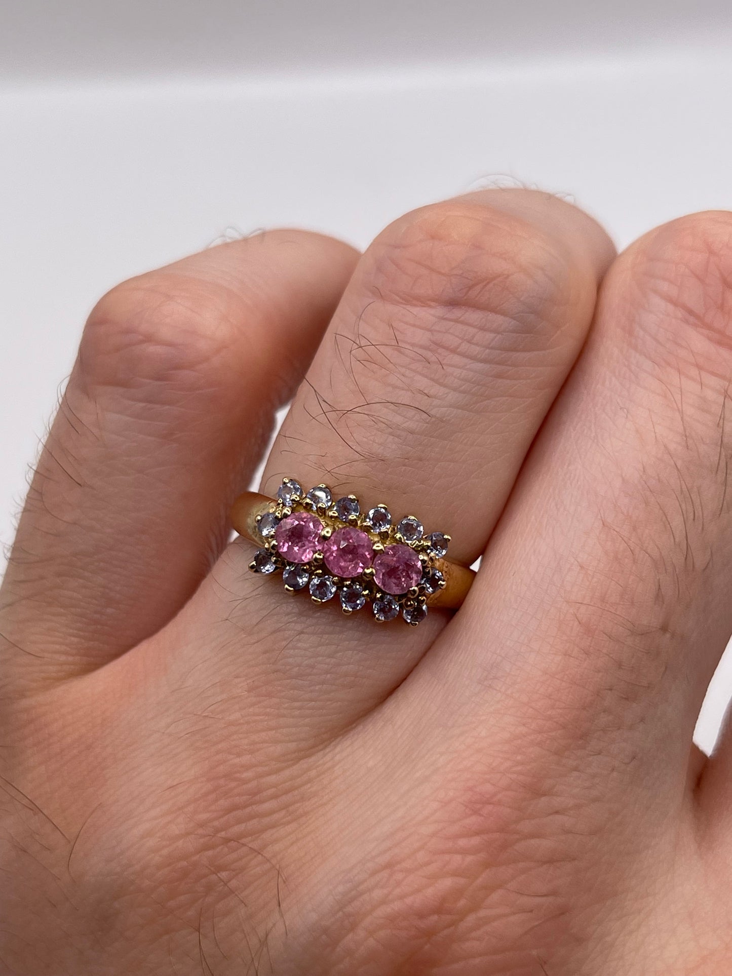 9ct gold pink sapphire and tanzanite cluster ring