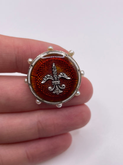 Antique 9ct gold enamel, diamond and pearl brooch