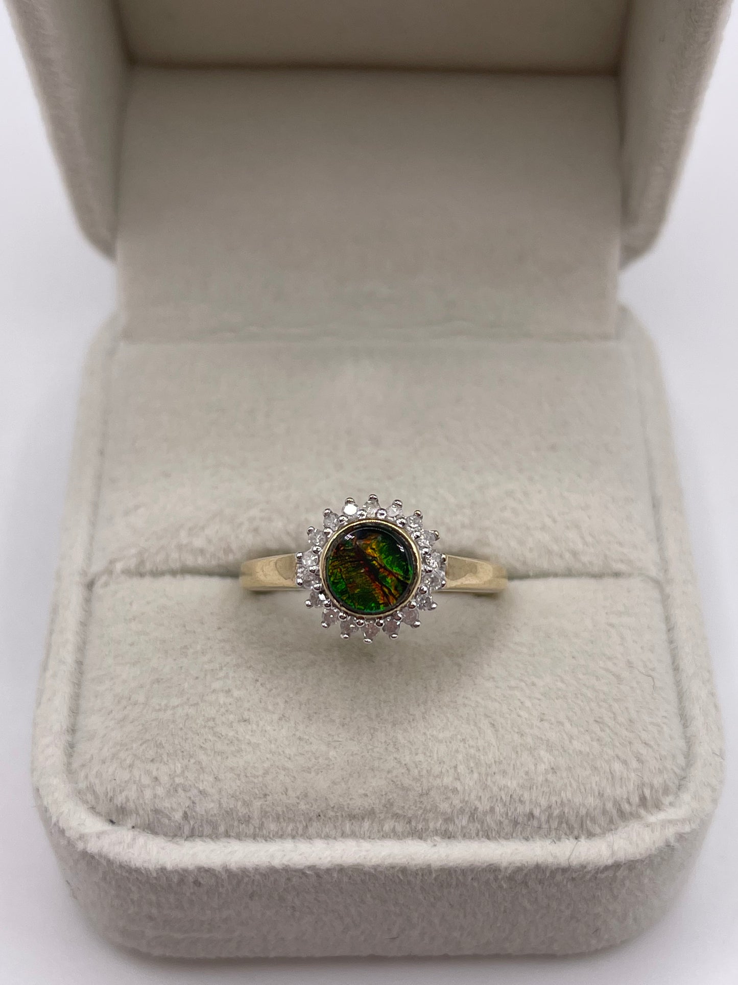 9ct gold Ammolite and diamond ring