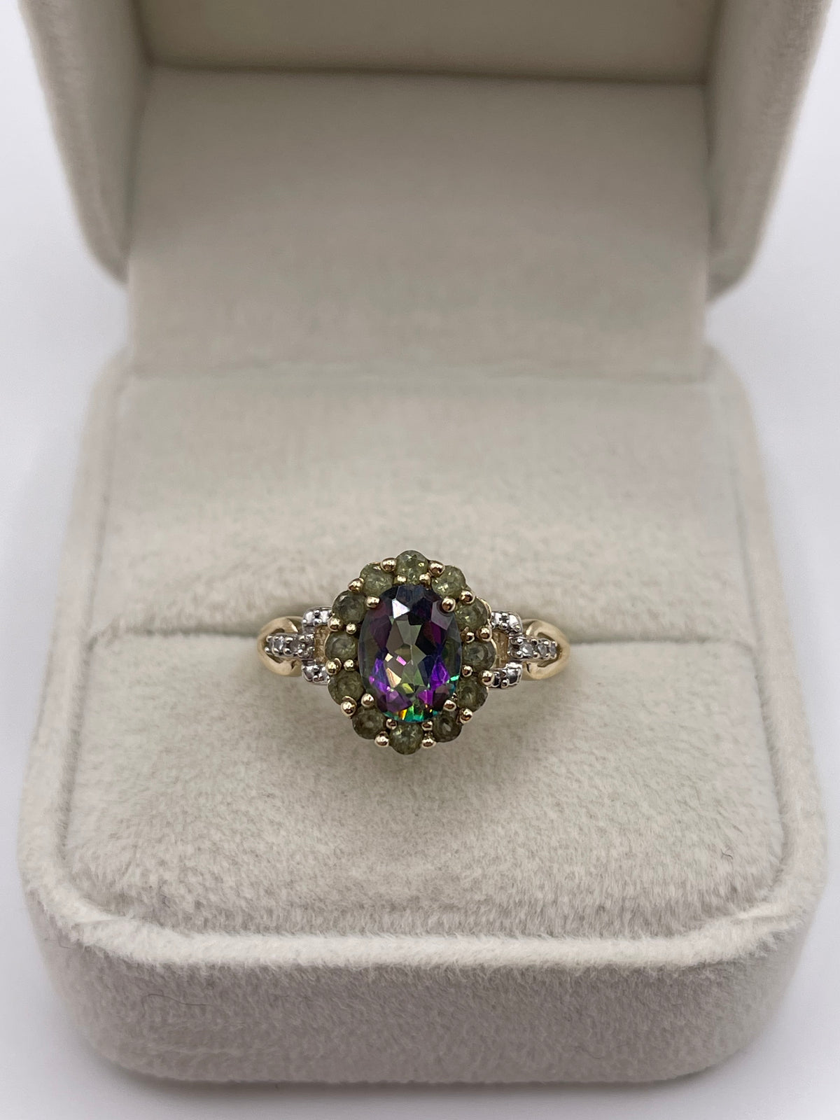9ct gold mystic topaz, quartz and diamond ring
