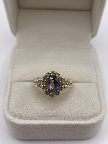 9ct gold mystic topaz, quartz and diamond ring