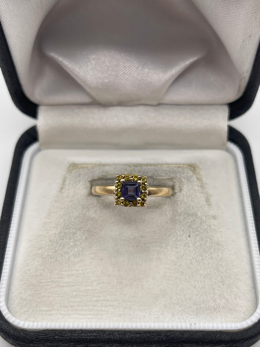 9ct gold iolite and yellow diamond ring