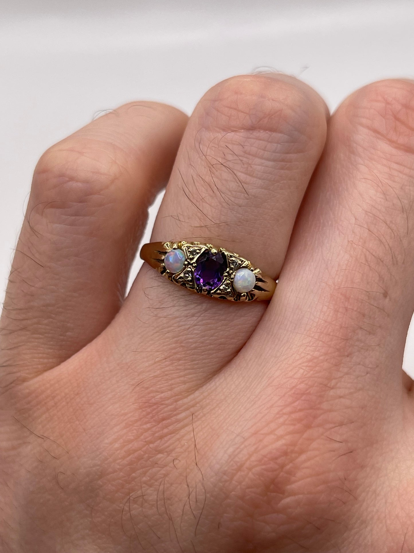 9ct gold amethyst, opal and diamond ring