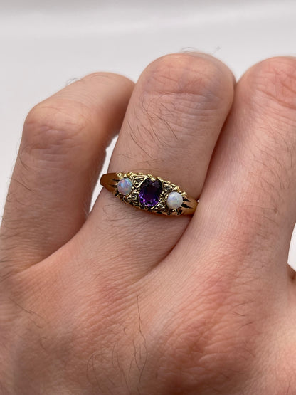 9ct gold amethyst, opal and diamond ring