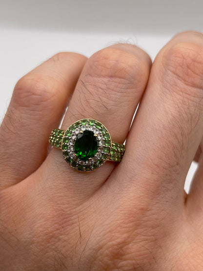 9ct gold diopside, tsavorite garnet and zircon ring