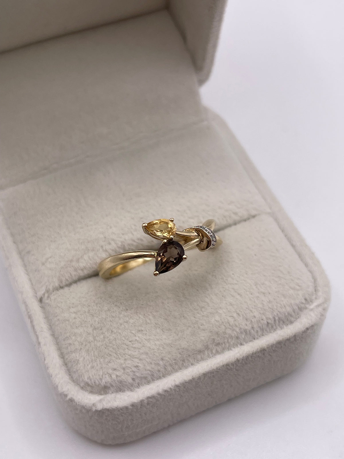 9ct gold Smokey quartz, citrine and diamond ring